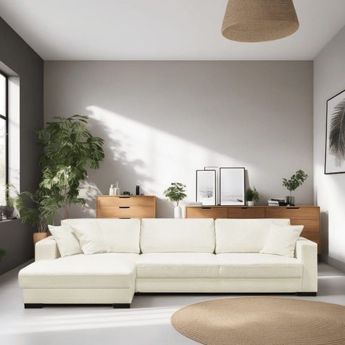 Canapé D'angle À Gauche Convertible 5 Places En Tissu Bouclette Beige