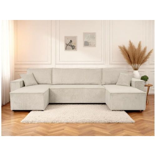 Canapé D'angle Panoramique Convertible 6 Places Velours Côtelé Beige