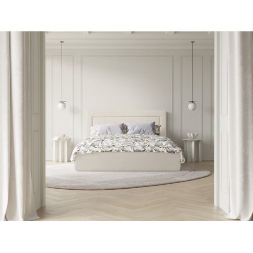 Lit coffre avec tête de lit 200x200cm en tissu chenille beige clair