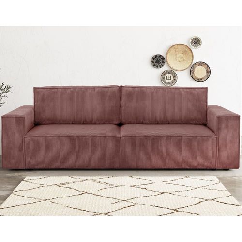 Canapé Convertible 3 Places Avec Coffre En Velours Côtelé Vieux Rose