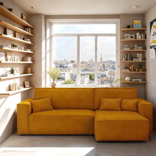 Canapé D'angle Convertible 4 Places En Velours Côtelé Jaune Moutarde