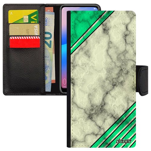 Coque Iphone 14+ Plus À Rabat Marbre De Protection Personnalisé Coloré Triangle Pierre Antichoc Pochette Granite Original Vert