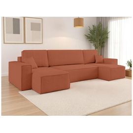 Canapé D'angle Panoramique 6 Places Tissu Bouclette Terracotta