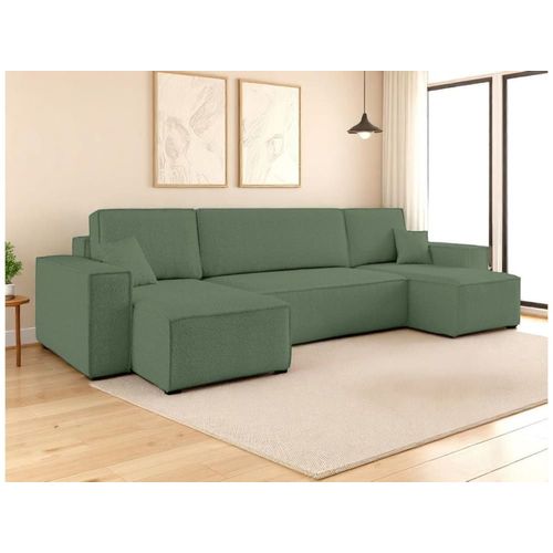 Canapé D'angle Panoramique Convertible 6 Places Tissu Bouclette Vert