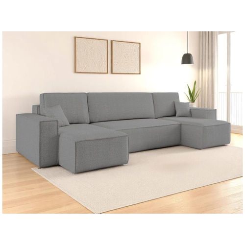 Canapé D'angle Panoramique Convertible 6 Places Tissu Bouclette Gris
