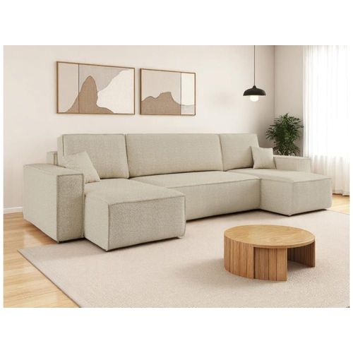 Canapé D'angle Panoramique Convertible 6 Places Tissu Bouclette Beige