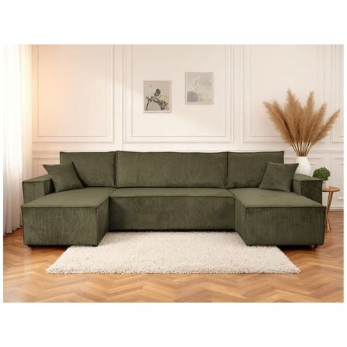 Canapé D'angle Panoramique Convertible 6 Places Velours Côtelé Vert
