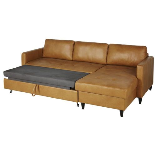 Canapé D'angle Convertible 4/5 Places En Cuir Caramel