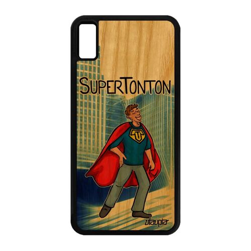 Coque bois silicone iPhone XS Max super tonton 256 Go personnalisé heros enfant bande dessinée bleu comics design texte humour