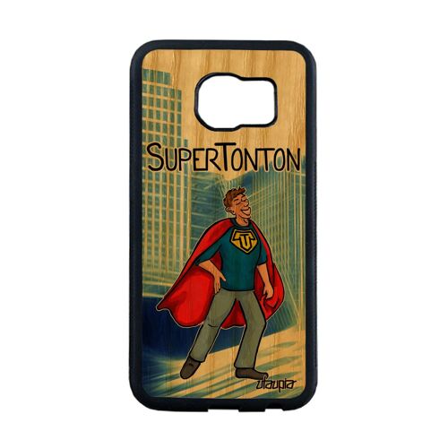 Coque en bois S6 Edge et silicone super tonton 4G bleu bande dessinée comics humour texte enfant comique heros drole Samsung galaxy
