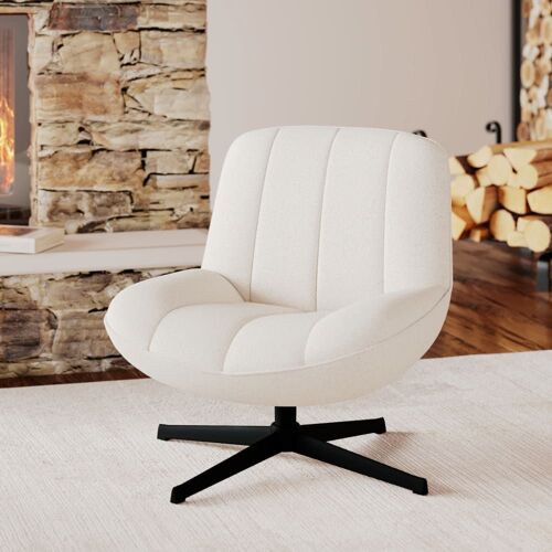 Fauteuil pivotant en tissu bouclé blanc cassé