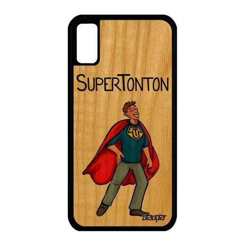 Coque En Bois Silicone Iphone Xs Super Tonton Etui Drole Naissance Garcon Smartphone Bande Dessinée Heros Housse Telephone De