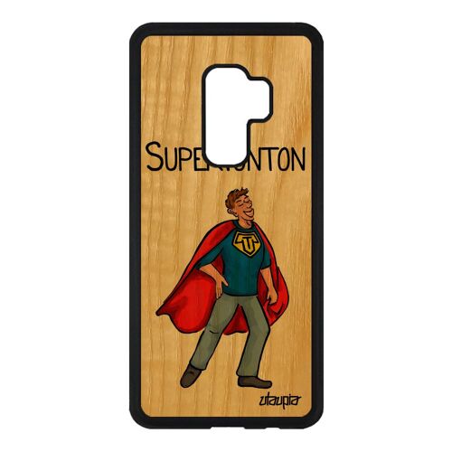 Coque bois super tonton telephone pour Samsung Galaxy S9 Plus silicone mobile naissance garcon oncle rouge dessin heros drole humour