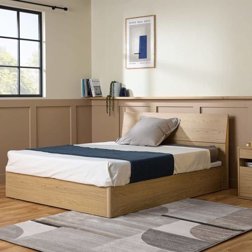 Lit Coffre Avec Tête De Lit Effet Bois Clair 140 X 200 Cm
