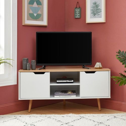 Meuble Tv D'angle Blanc Et Effet Bois Et Chêne 2 Portes 115cm