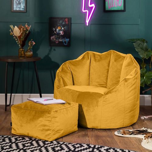 Pouf Fauteuil Avec Repose-Pied Velours Jaune Ocre