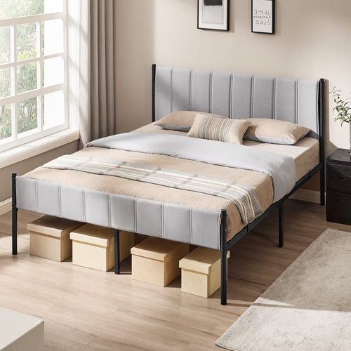 Cadre de lit double 160 x 200 cm avec tête de lit rembourrée gris