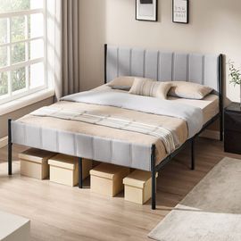 Cadre De Lit Double 160 X 200 Cm Avec Tête De Lit Rembourrée Gris