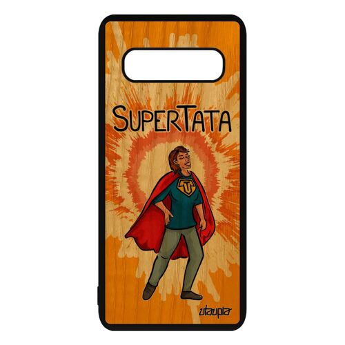 Coque bois Samsung Galaxy S10 silicone super tata mobile comics texte humoristique enfant drole tante telephone orange bd etui heros