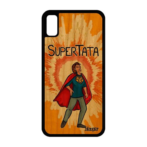 Coque bois pour iPhone XR silicone super tata heros humour telephone drole texte frêne bd comics orange humoristique portable