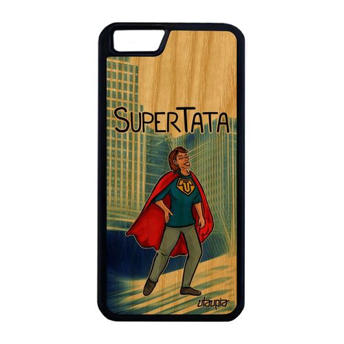Coque Iphone 6 6s Plus En Bois Et Silicone Super Tata Texte 4g Humour Comics Enfant Bleu Bande Dessinée Case Drole Heros Tante