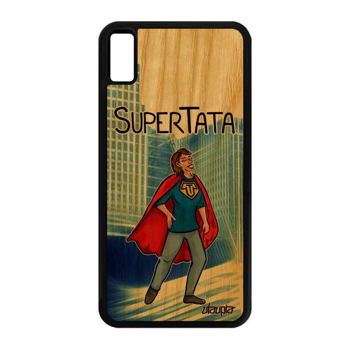 Coque Super Tata Iphone Xs Max Bois Silicone Bande Dessinée Housse Telephone Etui Heros Texte Drole Tante Humour Comique Bleu