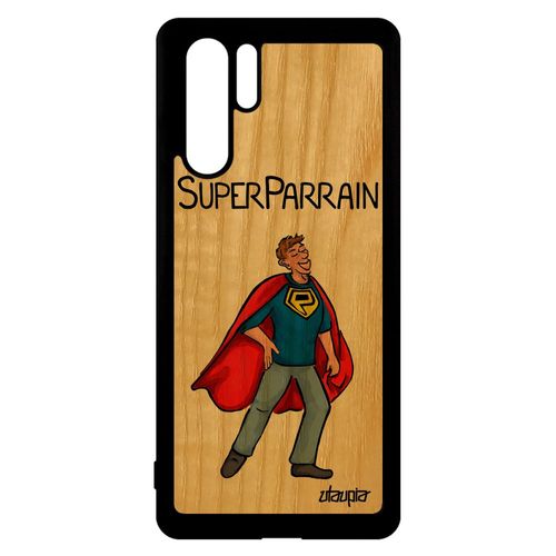 Coque Huawei P30 Pro En Bois Veritable Et Silicone Super Parrain Rigide Heros De Protection Naissance Garcon Portable Rouge Comics