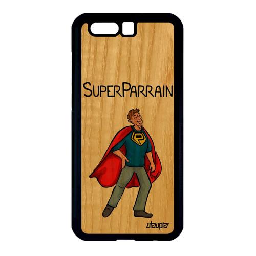 Coque Bois Naturel Honor 9 Silicone Super Parrain Case Rouge Naissance Garcon Dessin Drole Texte Humour Heros Housse Telephone De