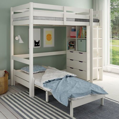 Lit mezzanine avec rangements et chauffeuse en pin blanc 90x190
