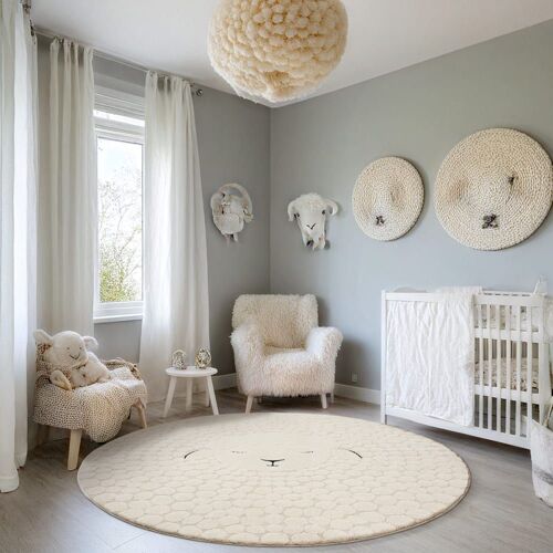 Tapis Chambre Enfant Design Mouton, Crème, 120 Cm, Rond