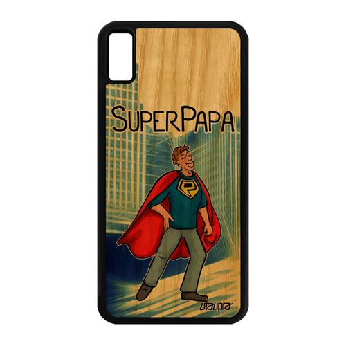 Coque Iphone Xs Max Bois Silicone Super Papa Bande Dessinée Comics Père Portable Enfant Bleu Drole Texte Heros Made In France
