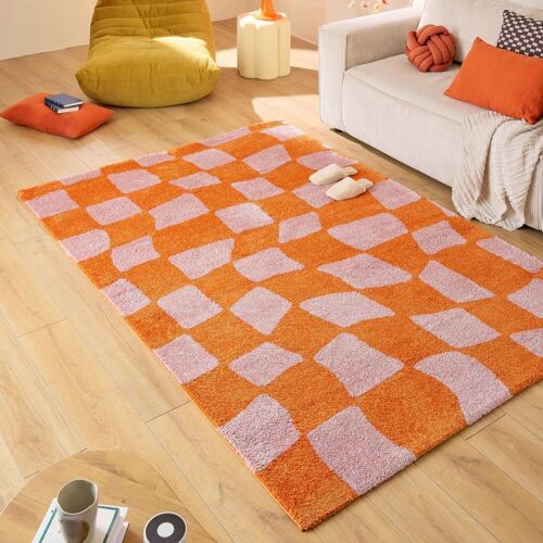 Tapis Vintage Style Année 70 À Motif Damier Orange 160x230