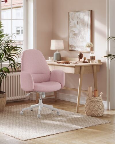 Chaise de bureau hauteur réglable tissu coton-lin rose bonbon