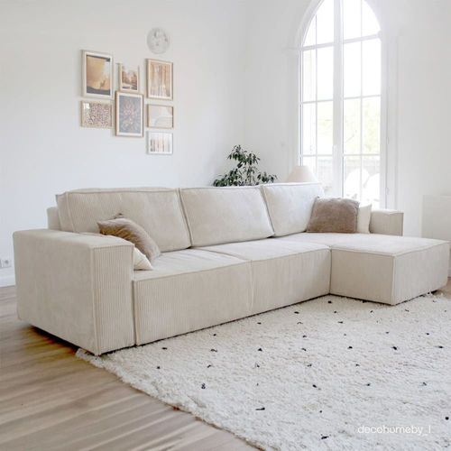 Canapé D'angle Convertible Réversible 5 Places En Velours Côtelé Beige