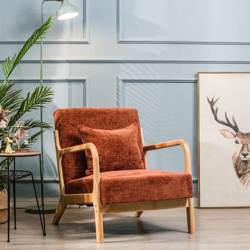 Fauteuil De Salon En Bois Massif Et Tissu Terracotta