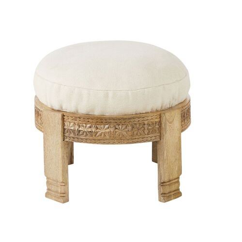 Tabouret En Bois De Manguier Et Coussin En Coton Beige