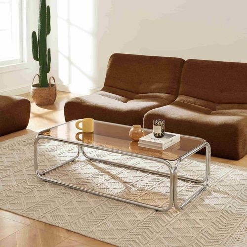 Table Basse Verre Trempé Orange Foncé Structure En Chrome