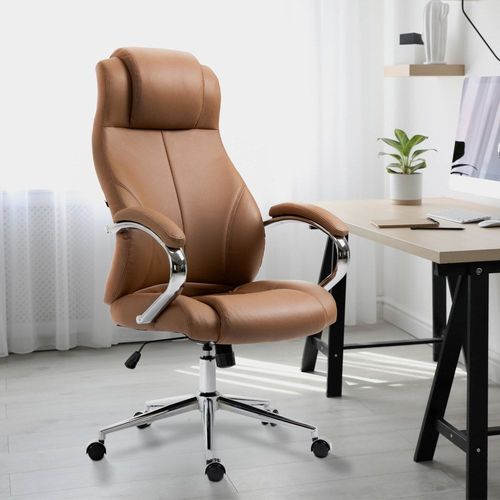 Chaise De Bureau Ergonomique En Cuir Et Croûte De Cuir Marron Clair