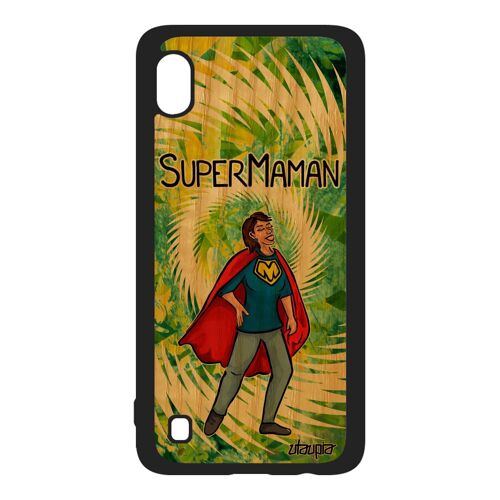 Coque super maman Samsung A10 vrai bois silicone humour bd SM-A105FN drole cadeau de noel comique noir mere heros unique 4G galaxy