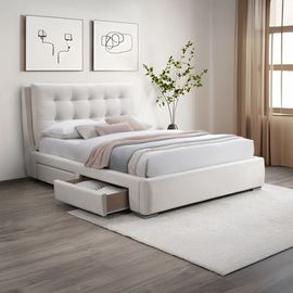 Lit Double En Tissu Blanc Écru Avec 2 Tiroirs 140x190 Cm