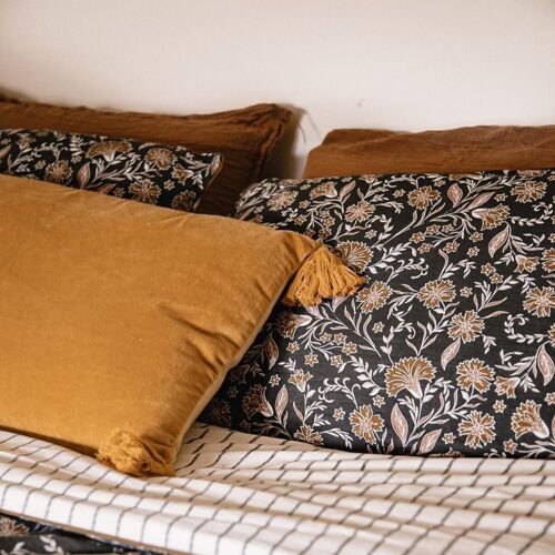 Parure De Lit Passepoilée Black Flore Coton Noir 240x220 Cm