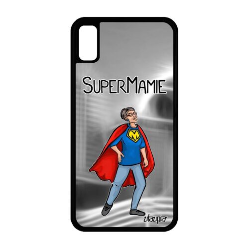 Coque de protection iPhone XR silicone super mamie grand mere humour texte humoristique comics heros telephone drole gris mamy