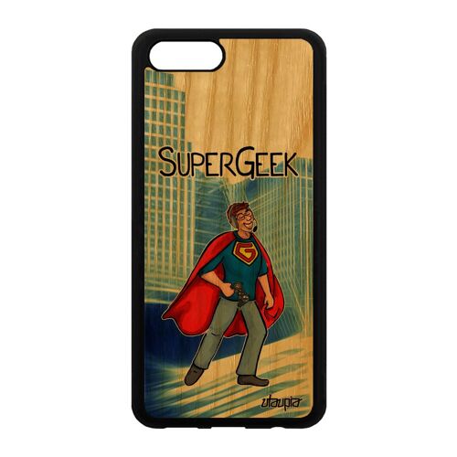 Coque bois veritable silicone super geek Honor View 10/V10 console telephone texte comique gamer comics case nerd heros bleu play de