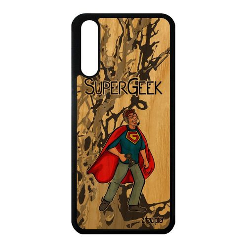 Coque Huawei P20 Vrai Bois Silicone Super Geek Heros Case Gris Antichoc Solide Console Frêne Drole Humour Comique 4g Made In France