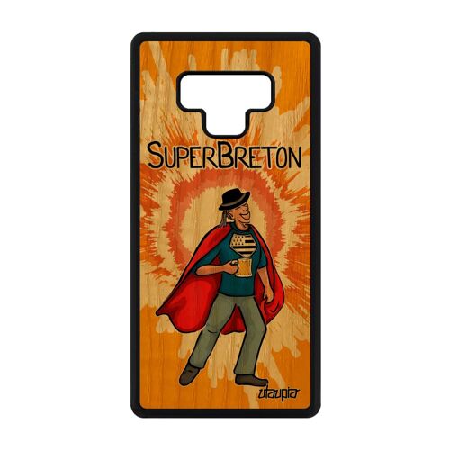 Coque en bois pour Samsung Galaxy Note 9 silicone super breton telephone portable orange bd smartphone comics heros made in France