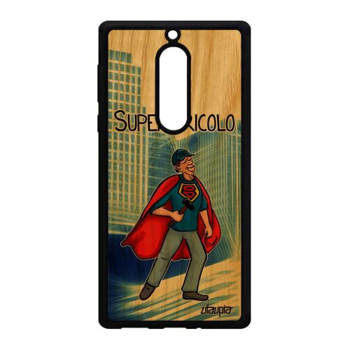 Coque super bricolo Nokia 5 en bois et silicone texte comics père bande dessinée de protection original bleu smartphone humour papy