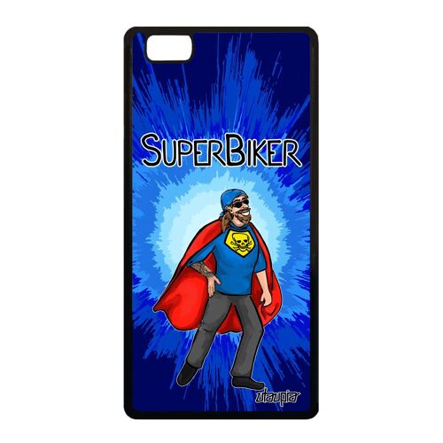 Coque Pour Huawei P8 Lite 2015 En Silicone Super Biker Motard Bleu Drole Bande Dessinée Rigide Texte Noir Comics Humour Heros Motif