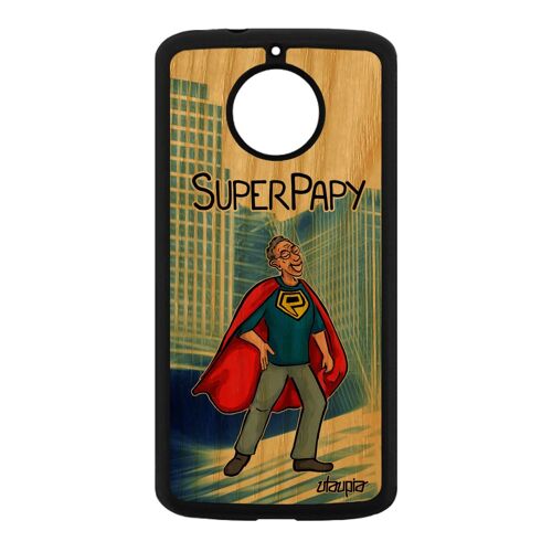 Coque Motorola Moto E4 Plus Bois Silicone Super Papy Humour Comique Bande Dessinée Antichoc Bleu Heros Noir Drole Texte Smartphone