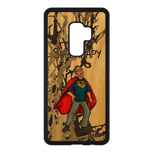 Coque bois silicone pour Galaxy S9 Plus super papy drole comique comics souple papi humour famille gris dessin de protection Samsung