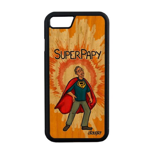 Coque Bois Iphone 7 Silicone Super Papy Papi Comics Heros Etui Drole Texte Enfant Frêne Humour Bd Portable Personnalisé Design